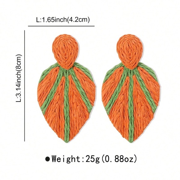 Large Orange Lime Green Rattan Leaf Earrings Statement Summer Beach Post Big - Picture 5 of 5